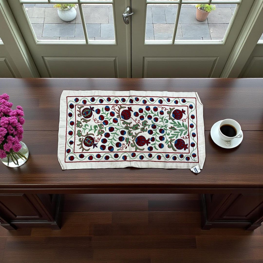 Suzani Table Runner –pomegranate & Floral Motifs, Silk on Cotton