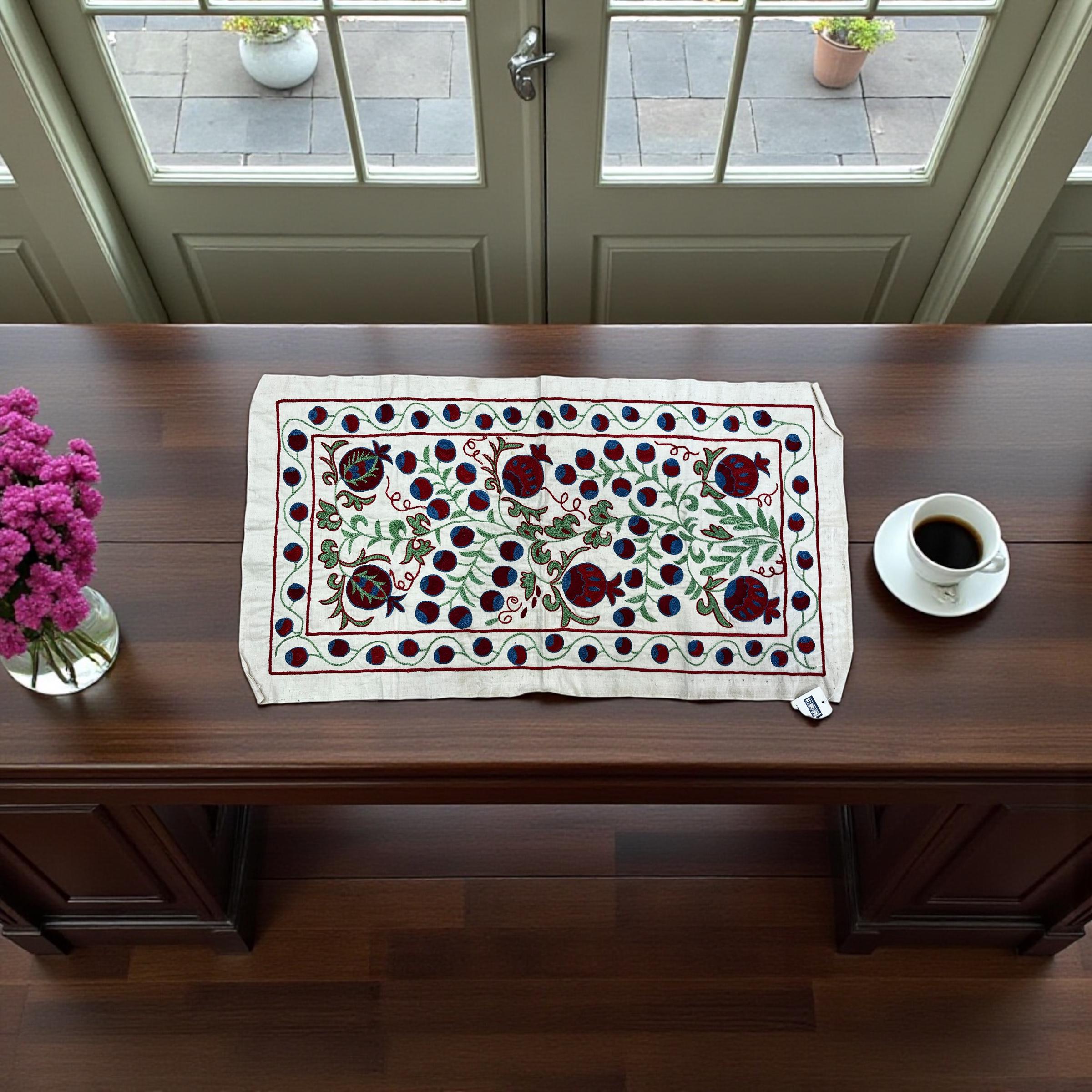 Suzani Table Runner –pomegranate & Floral Motifs, Silk on Cotton