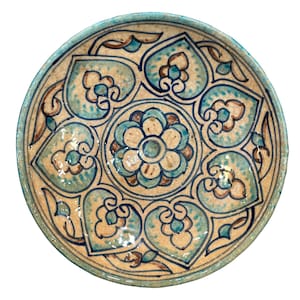Antique Uzbek Ceramic Plate –25cm- Handcrafted Over 100 yrs Clay Pottery, Floral Pattern, Central Asian Folk Art,Free Shipping