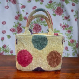 Polka Dot Handmade Ikat Velvet Small Tote Bag, Handwoven Ikat Velvet Shoulder Bag, Ikat velvet Handbag, Bohemian Top handle Bag, Boho Chic