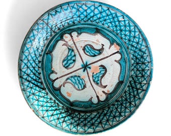 Plato uzbeko antiguo de 41 cm (16,14 pulgadas): Cerámica de arcilla hecha a mano, diseño popular