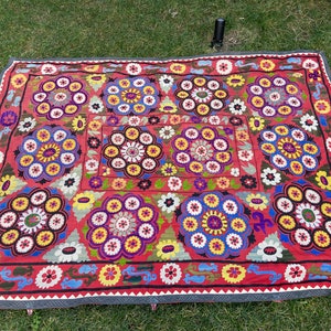 Vintage suzani cover,193x145cm, Uzbek hand embroidery Suzani,Wall hanging, tablecloth,vintage handmade embroidered textile from Uzbekistan