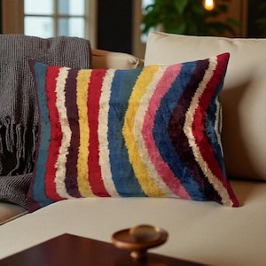 Vintage Silk Ikat Velvet Pillow 68x47 cm – Handmade Uzbek Cushion, Bohemian Home Decor, Throw Pillows, Lumbar Pillows, Geometric Pillowcase