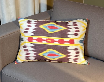 Vintage Silk Ikat Pillow Cover 22x15 Inches – Handwoven Ikat Textile, Lumbar Cushion
