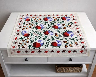 Small Square Suzani Textile 3.3 x 3.0 ft – Silk on Cotton, Pomegranate & Vine Motif