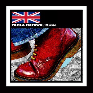 May include: A pair of red leather boots with black laces and a yellow sole. The boots are worn and have a distressed look. The boots are set against a black background with a Union Jack flag and the text "TAMLA MOTOWN / Music".