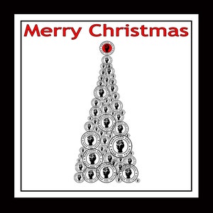 May include: A festive graphic with a white backdrop and a black border. It showcases a Christmas tree formed from circular emblems, each with a raised fist symbol. The words "Merry Christmas" are displayed in red at the top.