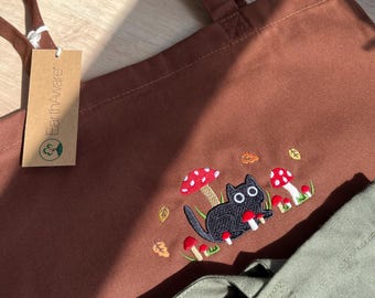 Mushroom Cat Embroidered Cute Autumn Tote Bag | Cat Lovers Gift | Organic Cotton