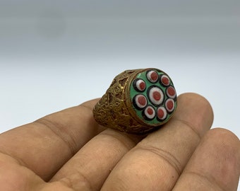 Super gorgeous Roman old ring, handmade old brass ring with old Roman glass ring