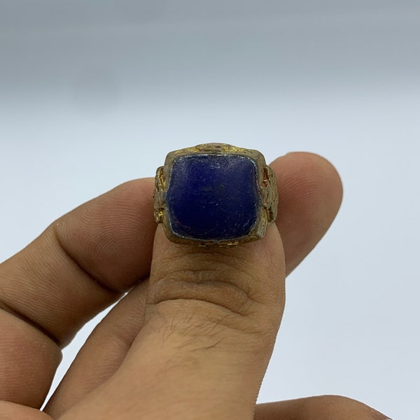 Super wonderful antique hand made old brass ring, handmade old Roman ring with vintage very very old blue plastic glass