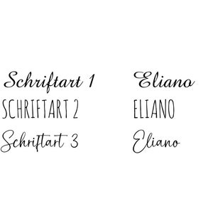 May include: A black text display showing three font styles labelled Schriftart 1, Schriftart 2, and Schriftart 3 on the left, with the name Eliano written in each corresponding typeface on the right, all set against a plain white background.