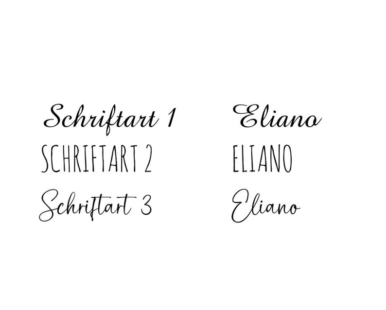 May include: A black text display showing three font styles labelled Schriftart 1, Schriftart 2, and Schriftart 3 on the left, with the name Eliano written in each corresponding typeface on the right, all set against a plain white background.
