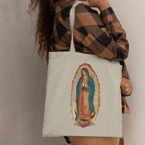 Bolso de mano de Nuestra Señora de Guadalupe, bolso de mano de algodón de la Santísima Virgen María, bolso utilitario de la Virgen de Guadalupe, bolso de mano mexicano de la Virgen María