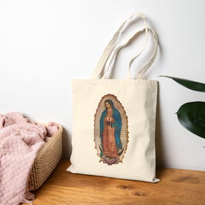 Unsere Dame von Guadalupe Einkaufstasche Virgen de Guadalupe Katholisches Geschenk Jungfrau Maria Mexikanische Kunst Baumwolltasche Religiöses Geschenk für Frauen Christliche Tasche