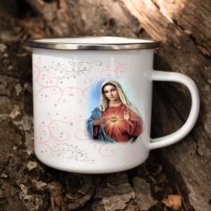 Sacred Heart Jesus & Mary Enamel Camping Mug: Catholic Gift