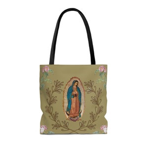Unsere Dame von Guadalupe Rose Einkaufstasche Virgen de Guadalupe Katholisches Geschenk für Frauen Jungfrau Maria Beige Polyester Religiöses Christliches Accessoire
