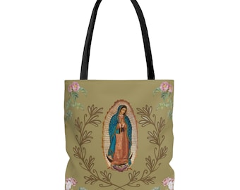 Vår Fru av Guadalupe-tygväska: Beige polyester katolsk gåva