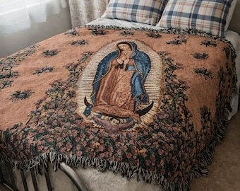 Our Lady of Guadalupe Woven Blanket | Virgin Mary Catholic Art Decor | Virgen de Guadalupe Mexican Tapestry Throw | Mother Mary Gift