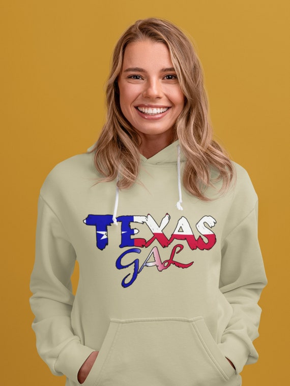 Texas Gal Hoodie, Drawstring Hoodie for Women With Texas Flag Colored Text,  Gildan Printed Unisex Hoodie 