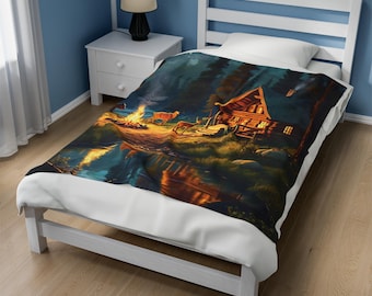 Rustic Cabin In The Woods Throw Blanket, Woodland Deer Bear Scene, Cozy Lodge Style Bedding, Velveteen Plush Nature Home Decor