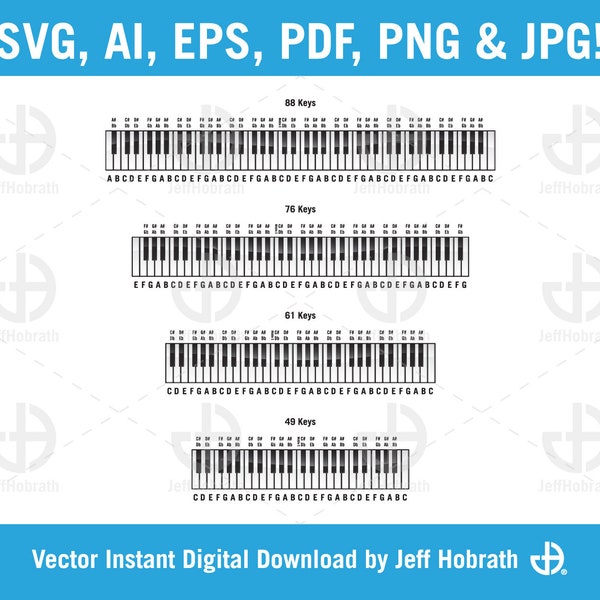 Piano keyboards in 88 key, 76 key, 61 key, 49 key layouts, with labels, vector illustration digital download, ai, eps, pdf, svg, png and jpg