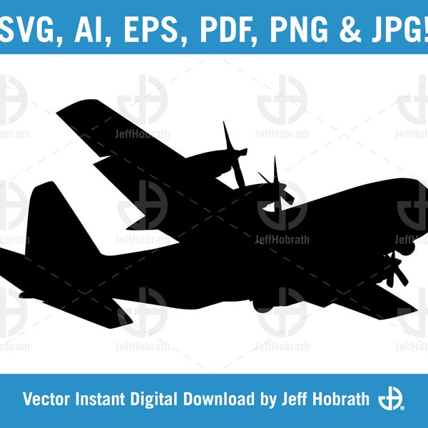 C-130 Hercules Military Aircraft silhouette isolated vector illustration digital download, ai, eps, pdf, svg, png and jpg