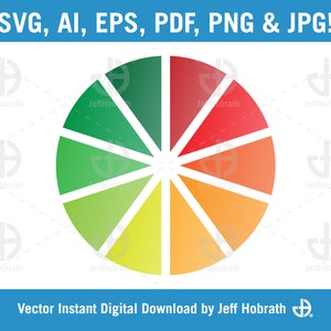 Cirkeldiagram - 10-delig kleurencirkeldiagram in geel, blauw, groen en rood, vector digitale download, ai, eps, pdf, svg, png en jpg