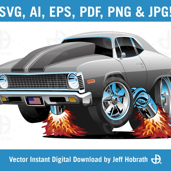 Classic Seventies Hot Rod Muscle Car Cartoon isolated vector illustration digital download, ai, eps, pdf, svg, png and jpg