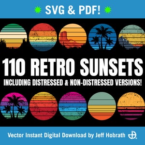 110 Retro Sunsets - beautiful vector retro sunset art bundle digital download in SVG and PDF formats for all your retro sunset graphic needs