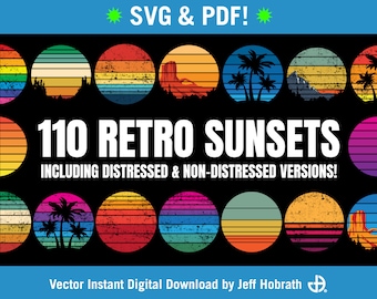 110 Retro Sunsets - beautiful vector retro sunset art bundle digital download in SVG and PDF formats for all your retro sunset graphic needs