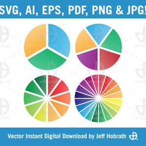 Cirkeldiagramset - 3-delige, 5-delige, 10-delige en 20-delige kleurencirkeldiagrammen Vector digitale download, ai, eps, pdf, svg, png en jpg