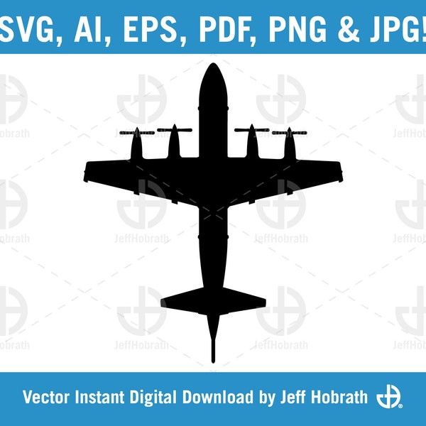 P-3 Orion Patrol Anti Submarine Military Aircraft silhouette isolated vector illustration digital download, ai, eps, pdf, svg, png and jpg