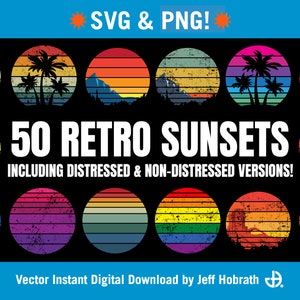 50 Retro Sunsets - beautiful vector retro sunset art bundle digital download in SVG plus high resolution PNGs for your retro sunset needs