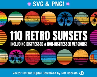 110 Retro Sunsets - beautiful vector retro sunset art bundle digital download in SVG plus high resolution PNGs for your retro sunset needs