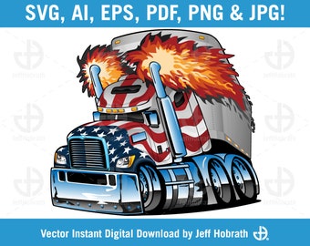 Big Rig Tractor Trailor Semi Truck USA Pride Cartoon color isolated vector illustration digital download, ai, eps, pdf, svg, png and jpg