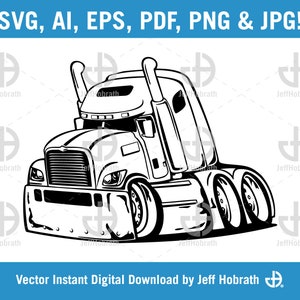 Big Rig Tractor Trailor Semi Truck Cartoon Black and White vector illustration digital download, ai, eps, pdf, svg, png and jpg
