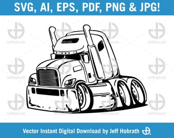 Big Rig Tractor Trailor Semi Truck Cartoon Black and White vector illustration digital download, ai, eps, pdf, svg, png and jpg