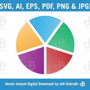 Cirkeldiagram - 5-delig kleurencirkeldiagram in geel, blauw, groen, rood en paars, vector digitale download, ai, eps, pdf, svg, png en jpg