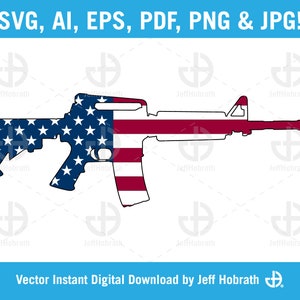 American Flag Automatic AR-15 Rifle silhouette isolated vector illustration digital download, ai, eps, pdf, svg, png and jpg