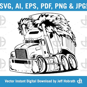 Big Rig Tractor Trailor Semi Truck Cartoon Ilustración vectorial en blanco y negro descarga digital, ai, eps, pdf, svg, png y jpg