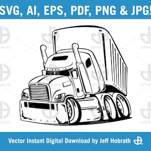 Big Rig Tractor Trailor Semi Truck Cartoon Black and White vector illustration digital download, ai, eps, pdf, svg, png and jpg