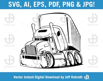 Big Rig Tractor Trailor Semi Truck Cartoon Black and White vector illustration digital download, ai, eps, pdf, svg, png and jpg