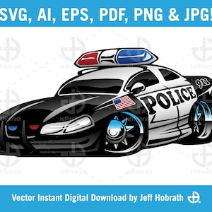 Politieauto Cartoon kleur geïsoleerde vector illustratie digitale download, ai, eps, pdf, svg, png en jpg