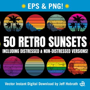 50 Retro Sunsets - beautiful vector retro sunset art bundle digital download in EPS plus high resolution PNGs for your retro sunset needs