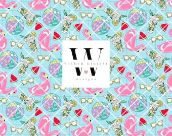 May include: A repeating pattern on a light blue background featuring pink flamingo pool floats, colorful disco balls, yellow sunglasses, watermelon slices, and glasses of iced drinks. A white square in the center displays the text Wilder Digital Designs.