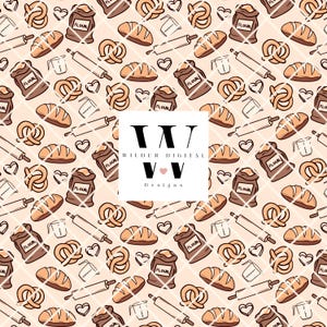 May include: A repeating pattern of baking-themed illustrations featuring brown flour sacks labeled 'flour', tan bread loaves, pretzels, rolling pins, measuring cups, and small hearts on a light peach background with a white grid overlay. A central white square displays the black text 'WILDER DIGITAL V V Designs' with a small pink heart.