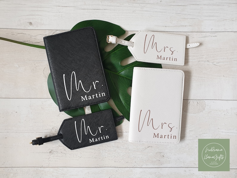 Mr and Mrs Passport Covers and Luggage Tag, Personalised Passport Cover and Luggage Tag, Passport Cover Wedding, Passport Wallet, Travel image 1
