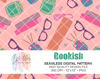 Boekachtig naadloos digitaal patroon | Reading Lover digitaal papier | Brillen en boeken afdrukken | Esthetische achtergrond kaars | Gezellig boekpatroon