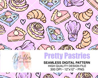 Pretty Pastries Seamless Digital Pattern | Cute Pastry PNG | Croissant, Cake, Cupcake, Chef Hat | Sublimation Fabric Instant Download