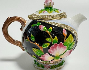 Kettle Trinket Box Enamel Metal Jewelry Box with Swarovski Crystals 2.8 inch (7 cm)